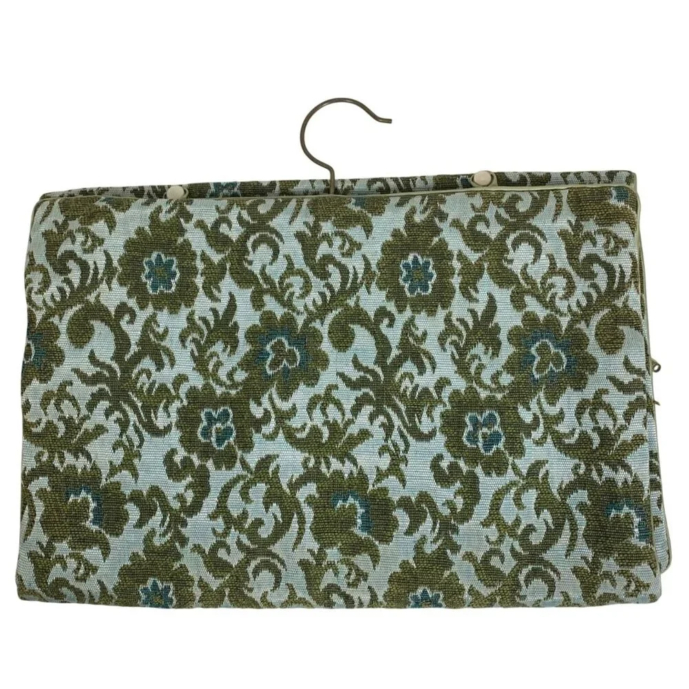 60s Hanging Fold Jewelry Lingerie Organizer Bag Green Floral Damask Talon Zipper - Picture 3 of 5